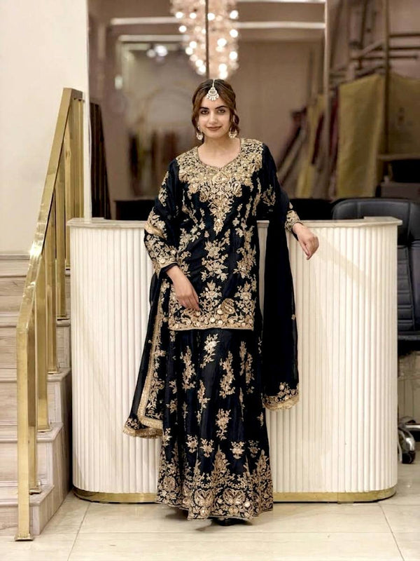 Heavy Faux Georgette With Heavy Embroidery Sequence Work, Sleeves, And Fancy Latkan Border Palazzo Suit Set