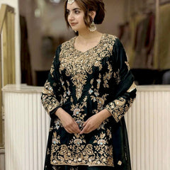 Heavy Faux Georgette With Heavy Embroidery Sequence Work, Sleeves, And Fancy Latkan Border Palazzo Suit Set