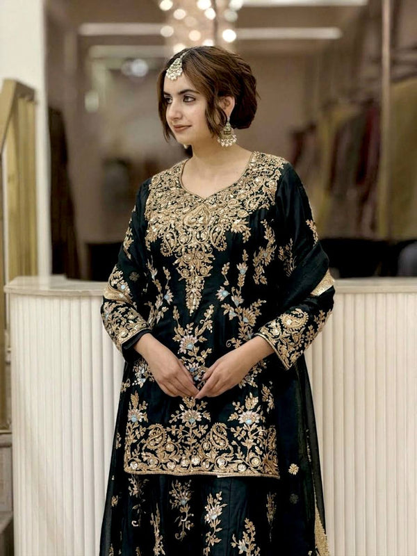 Heavy Faux Georgette With Heavy Embroidery Sequence Work, Sleeves, And Fancy Latkan Border Palazzo Suit Set