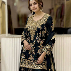 Heavy Faux Georgette With Heavy Embroidery Sequence Work, Sleeves, And Fancy Latkan Border Palazzo Suit Set