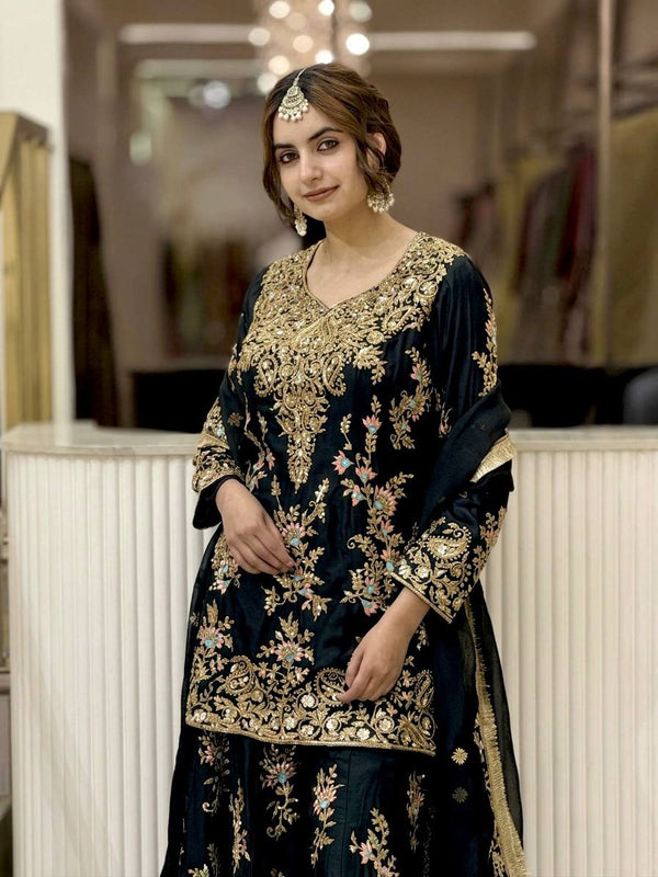 Heavy Faux Georgette With Heavy Embroidery Sequence Work, Sleeves, And Fancy Latkan Border Palazzo Suit Set