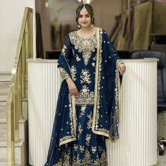 Heavy Faux Georgette With Heavy Embroidery Sequence Work, Sleeves, And Fancy Latkan Border Palazzo Suit Set
