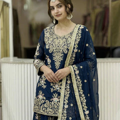 Heavy Faux Georgette With Heavy Embroidery Sequence Work, Sleeves, And Fancy Latkan Border Palazzo Suit Set