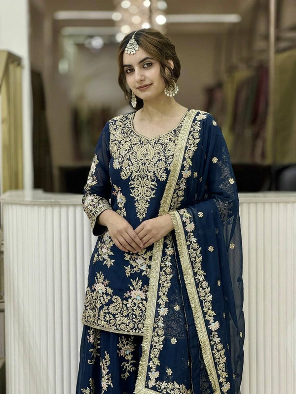 Heavy Faux Georgette With Heavy Embroidery Sequence Work, Sleeves, And Fancy Latkan Border Palazzo Suit Set