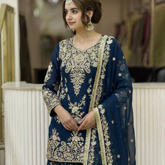 Heavy Faux Georgette With Heavy Embroidery Sequence Work, Sleeves, And Fancy Latkan Border Palazzo Suit Set