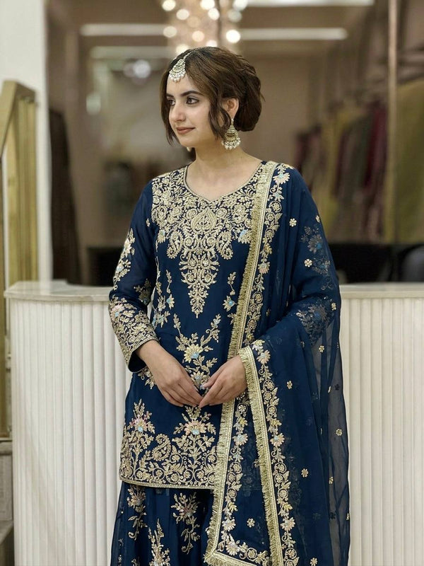 Heavy Faux Georgette With Heavy Embroidery Sequence Work, Sleeves, And Fancy Latkan Border Palazzo Suit Set