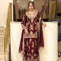 Heavy Faux Georgette With Heavy Embroidery Sequence Work, Sleeves, And Fancy Latkan Border Palazzo Suit Set