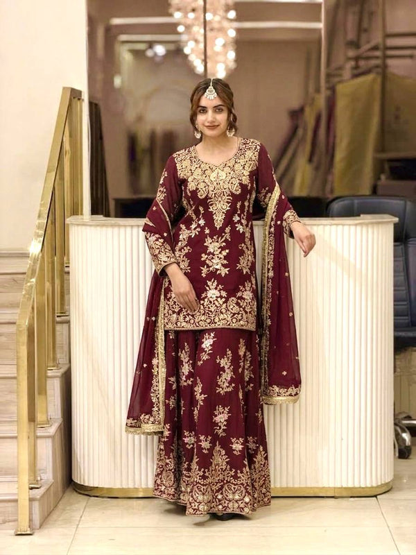 Heavy Faux Georgette With Heavy Embroidery Sequence Work, Sleeves, And Fancy Latkan Border Palazzo Suit Set