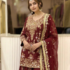 Heavy Faux Georgette With Heavy Embroidery Sequence Work, Sleeves, And Fancy Latkan Border Palazzo Suit Set