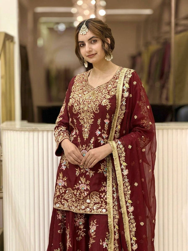 Heavy Faux Georgette With Heavy Embroidery Sequence Work, Sleeves, And Fancy Latkan Border Palazzo Suit Set