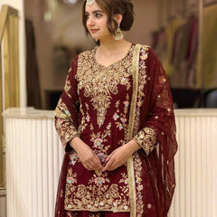 Heavy Faux Georgette With Heavy Embroidery Sequence Work, Sleeves, And Fancy Latkan Border Palazzo Suit Set