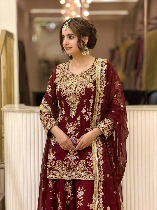 Heavy Faux Georgette With Heavy Embroidery Sequence Work, Sleeves, And Fancy Latkan Border Palazzo Suit Set