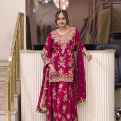 Heavy Faux Georgette With Heavy Embroidery Sequence Work, Sleeves, And Fancy Latkan Border Palazzo Suit Set