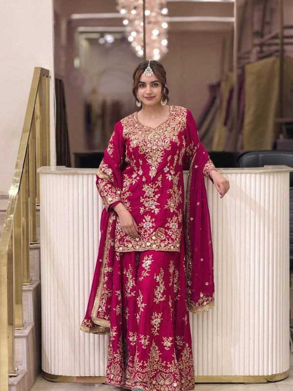 Heavy Faux Georgette With Heavy Embroidery Sequence Work, Sleeves, And Fancy Latkan Border Palazzo Suit Set