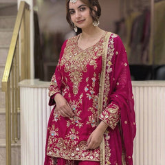 Heavy Faux Georgette With Heavy Embroidery Sequence Work, Sleeves, And Fancy Latkan Border Palazzo Suit Set