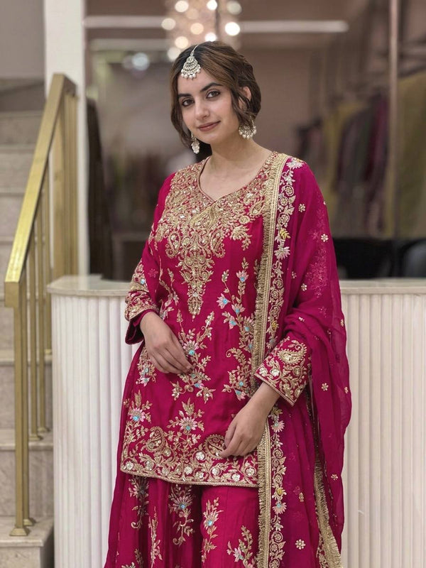 Heavy Faux Georgette With Heavy Embroidery Sequence Work, Sleeves, And Fancy Latkan Border Palazzo Suit Set