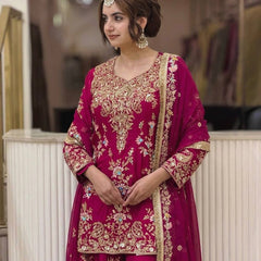 Heavy Faux Georgette With Heavy Embroidery Sequence Work, Sleeves, And Fancy Latkan Border Palazzo Suit Set
