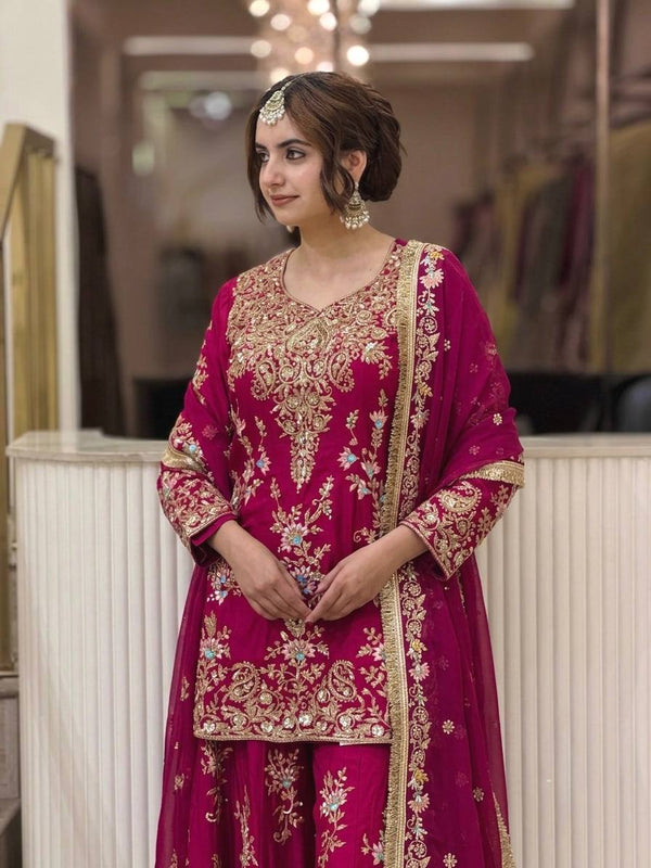 Heavy Faux Georgette With Heavy Embroidery Sequence Work, Sleeves, And Fancy Latkan Border Palazzo Suit Set