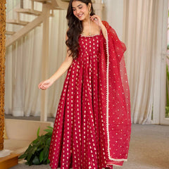 Pure Chinon With Heavy Embroidery Sequence Work Anarkali Gown Suit Set