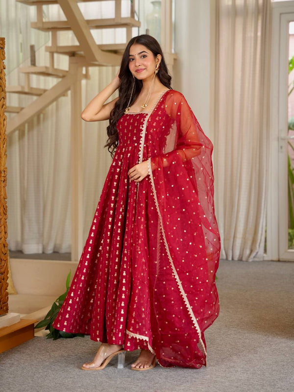 Pure Chinon With Heavy Embroidery Sequence Work Anarkali Gown Suit Set