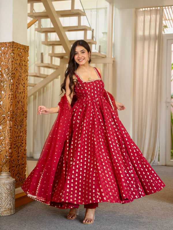 Pure Chinon With Heavy Embroidery Sequence Work Anarkali Gown Suit Set
