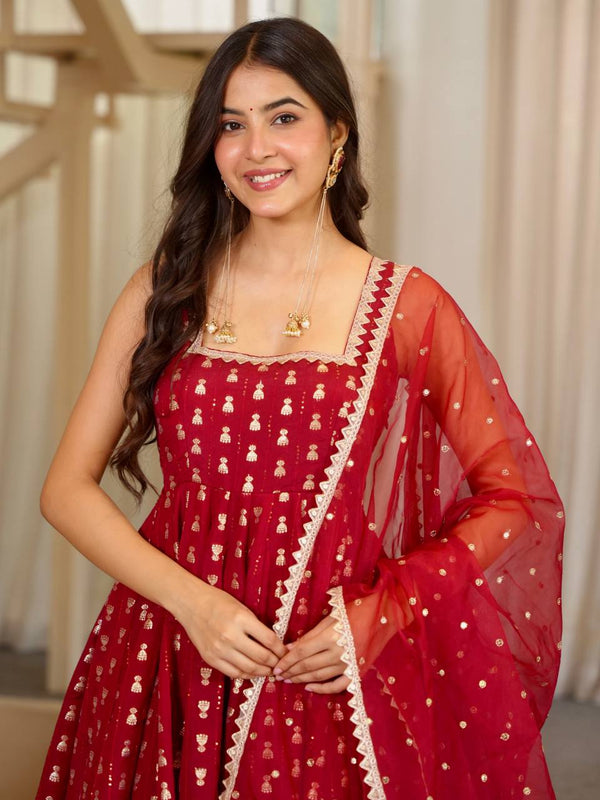 Pure Chinon With Heavy Embroidery Sequence Work Anarkali Gown Suit Set