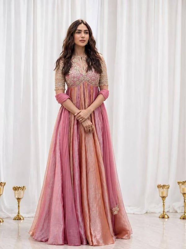 Pure NC Moss Silk With Embroidery Beads Work, Sleeves, And Tassels Anarkali Gown Suit Set