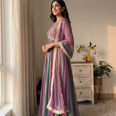 Pure NC Moss Silk With Embroidery Beads Work, Sleeves, And Tassels Anarkali Gown Suit Set