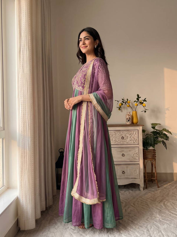 Pure NC Moss Silk With Embroidery Beads Work, Sleeves, And Tassels Anarkali Gown Suit Set
