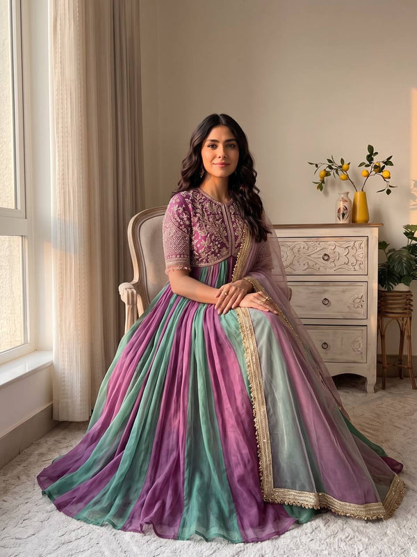 Pure NC Moss Silk With Embroidery Beads Work, Sleeves, And Tassels Anarkali Gown Suit Set