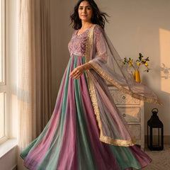 Pure NC Moss Silk With Embroidery Beads Work, Sleeves, And Tassels Anarkali Gown Suit Set