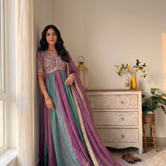 Pure NC Moss Silk With Embroidery Beads Work, Sleeves, And Tassels Anarkali Gown Suit Set