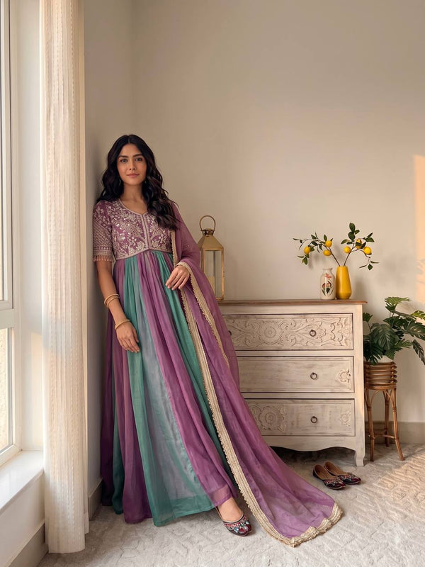 Pure NC Moss Silk With Embroidery Beads Work, Sleeves, And Tassels Anarkali Gown Suit Set