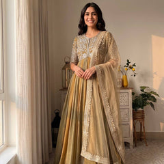Pure NC Moss Silk With Embroidery Beads Work, Sleeves, And Tassels Anarkali Gown Suit Set
