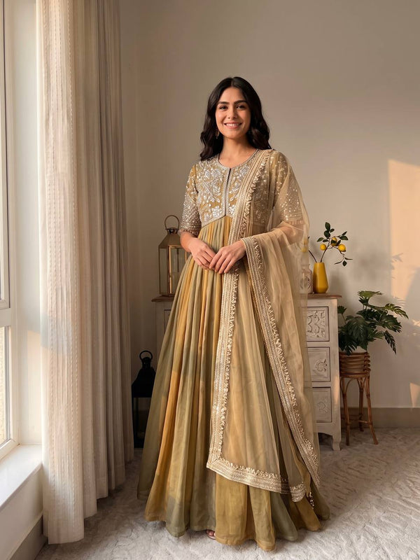 Pure NC Moss Silk With Embroidery Beads Work, Sleeves, And Tassels Anarkali Gown Suit Set