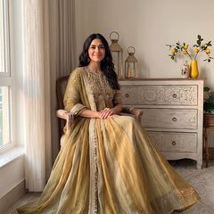 Pure NC Moss Silk With Embroidery Beads Work, Sleeves, And Tassels Anarkali Gown Suit Set