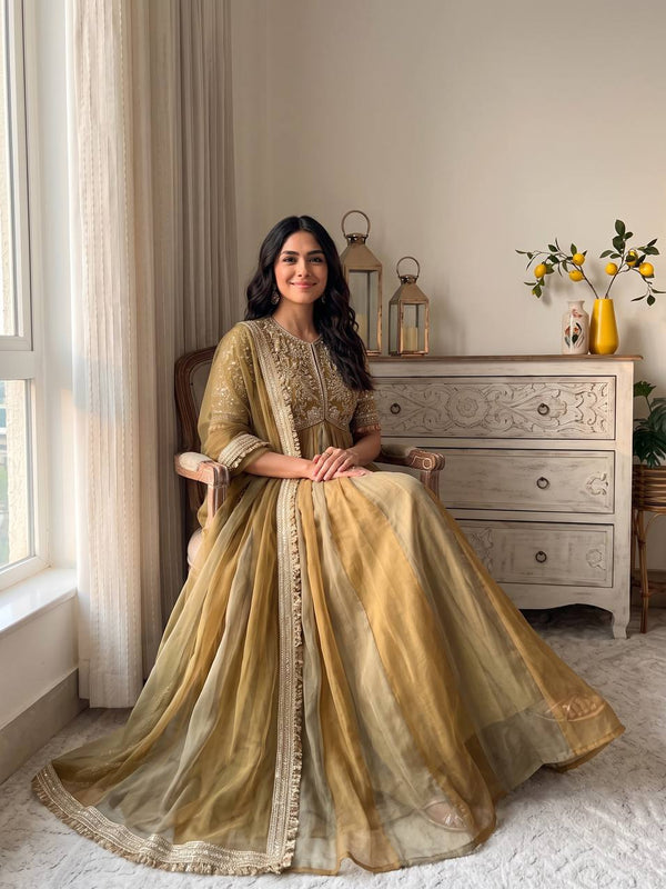 Pure NC Moss Silk With Embroidery Beads Work, Sleeves, And Tassels Anarkali Gown Suit Set