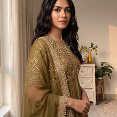 Pure NC Moss Silk With Embroidery Beads Work, Sleeves, And Tassels Anarkali Gown Suit Set