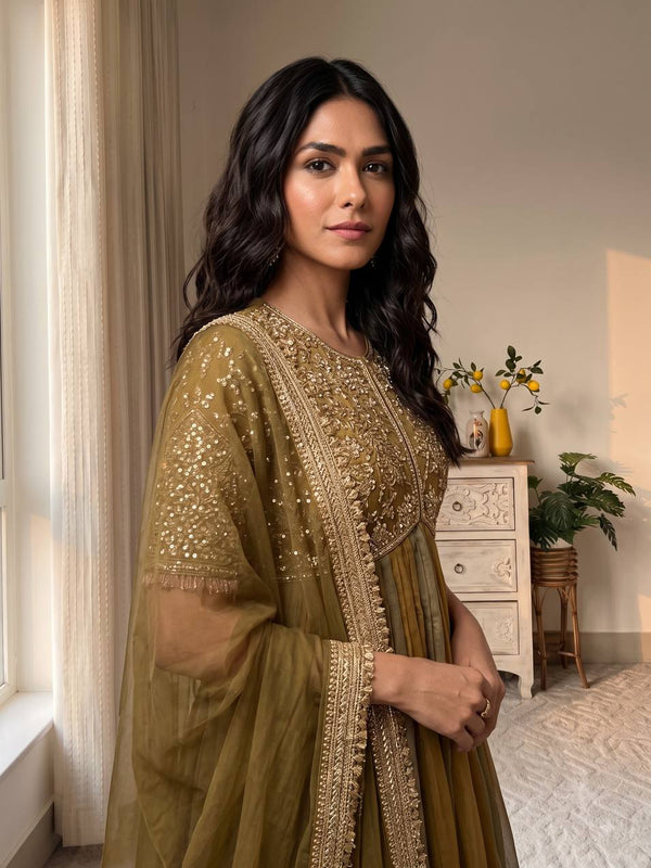 Pure NC Moss Silk With Embroidery Beads Work, Sleeves, And Tassels Anarkali Gown Suit Set