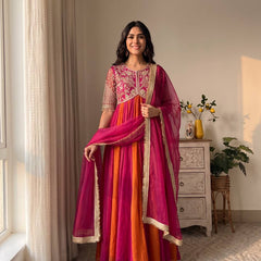 Pure NC Moss Silk With Embroidery Beads Work, Sleeves, And Tassels Anarkali Gown Suit Set