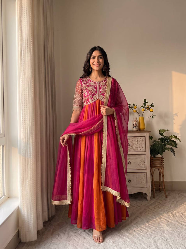 Pure NC Moss Silk With Embroidery Beads Work, Sleeves, And Tassels Anarkali Gown Suit Set