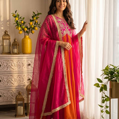 Pure NC Moss Silk With Embroidery Beads Work, Sleeves, And Tassels Anarkali Gown Suit Set