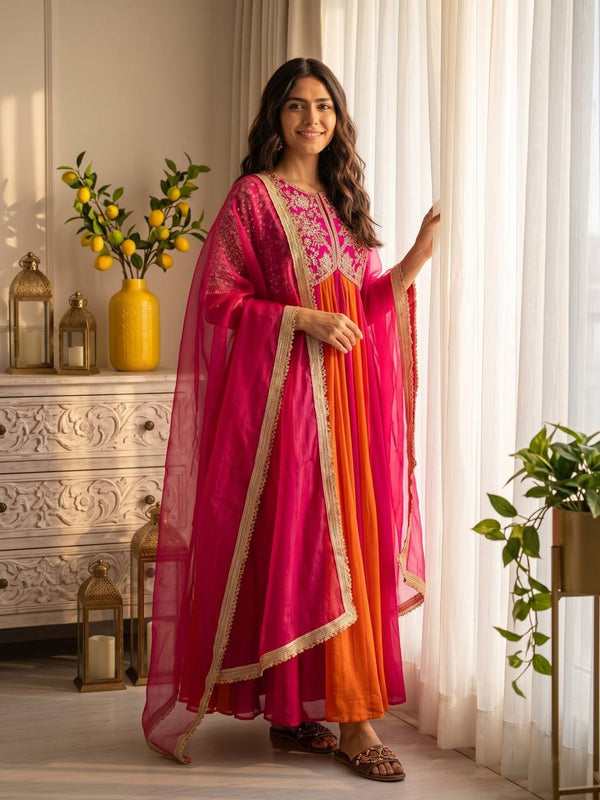 Pure NC Moss Silk With Embroidery Beads Work, Sleeves, And Tassels Anarkali Gown Suit Set