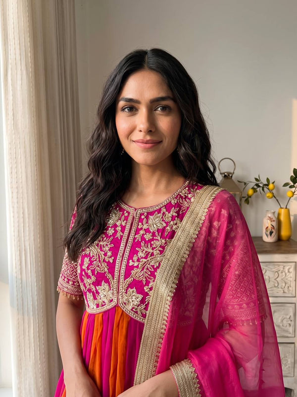 Pure NC Moss Silk With Embroidery Beads Work, Sleeves, And Tassels Anarkali Gown Suit Set