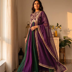 Pure NC Moss Silk With Embroidery Beads Work, Sleeves, And Tassels Anarkali Gown Suit Set