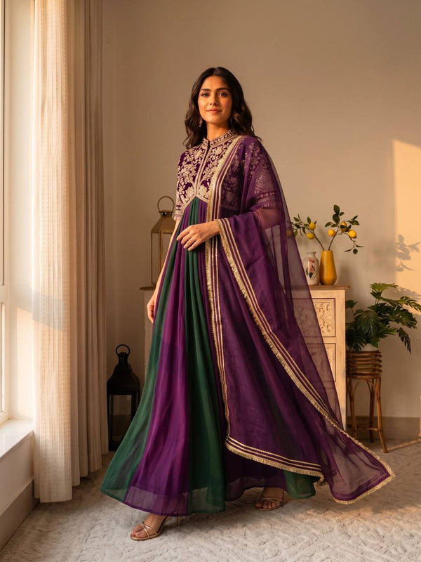 Pure NC Moss Silk With Embroidery Beads Work, Sleeves, And Tassels Anarkali Gown Suit Set