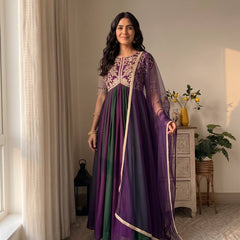 Pure NC Moss Silk With Embroidery Beads Work, Sleeves, And Tassels Anarkali Gown Suit Set