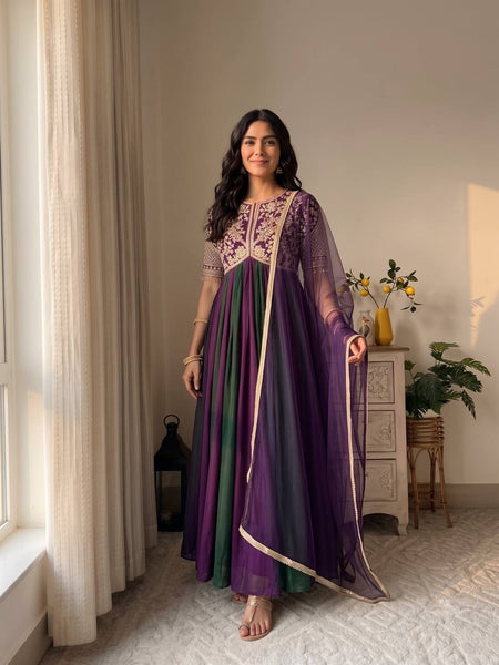 Pure NC Moss Silk With Embroidery Beads Work, Sleeves, And Tassels Anarkali Gown Suit Set