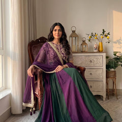 Pure NC Moss Silk With Embroidery Beads Work, Sleeves, And Tassels Anarkali Gown Suit Set