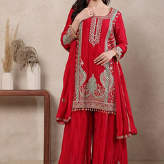 Heavy Chinnon Silk Material With Sequence Embroidery Work Sharara Palazzo Suit Set